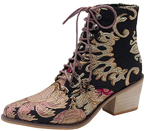Generico Stivali Indianini Estivi Stivali Donna Dottor Stivali con Ricamo Scarpe Stivali a Punta con Tacco a Punta Stivali da Donna in Pelle Scamosciata con Lacci Stivali+Biker+Donna (Black, 38)
