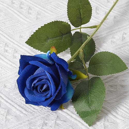 Anevous 1 rose artificielle avec tiges - Fleurs artificielles en soie - Fleurs décoratives réalistes - Pour mariage, fête, maison, bouquet de mariée - Bleu