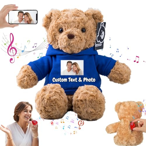 MeterBear Personalisierter Teddybär mit Aufzeichnung für Frauen Männer, Personalisierte Plüschbär mit Schleife mit Foto+Text als Geschenk für Weihnachten Valentinstag (26cm-Foto+Text)