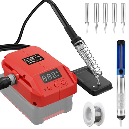 60W Akku Lötkolben für Einhell 18V Akku PXC, Temperatur 180-480°C Elektro Lötkolben-Kit für Heizungslöten DIY Werkzeug, mit Lötkolbenschnüffler, 5 Lötkolbenspitzen, 20g Lötdraht, Halter(ohne Batterie)