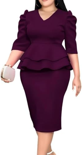 ONTINVA Women V-Neck Plus Size Peplum Dress Church Wear to Work Bodycon Short Sleeve Midi Dresses, Darkpurple, M