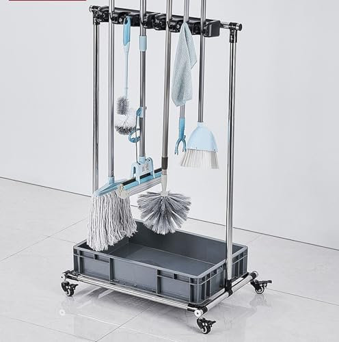 XNXYSMKJ Movable Floor Mop Holder Broom Mop Holder Storage Rack Cleaning Tools 360° Wheels Design Pp Catch Basin Professional (6 drag 8 hook)