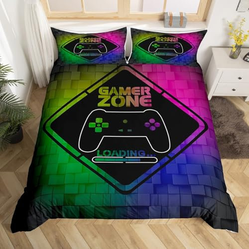 Loussiesd Gaming Gamer Bettwäsche Set 135x200cm Grün Lila Kinder Jungen Teens Bettbezug Spiele Controller Dekorative Wende Gamepad Betten 3D Drucken Mikrofaser Bettwäsche-Set mit 1 Kissenbezug