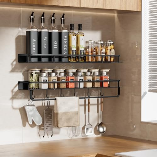 devesanter Gewürzregal Wand 2er Set 60 cm mit 6 Haken Gewürzregal Hängend,Küchenregal Ohne Bohren, Wandregal Hängend für Küchen und Bad Organizer(Schwarz)
