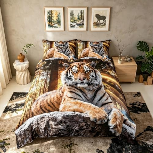 richhome Tigre Housse de Couette 220x240cm Safari Tigre Parure de Lit pour Enfants Garçons Animaux Sauvages Literie Set Couverture de Couette en Microfibre Douce Parure de Lit