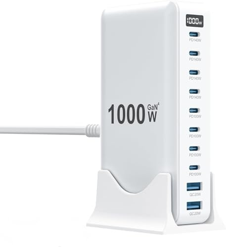 1000W USB C Charger, 140W GaN Multi USB Charger, Fast Charger USB C, 10 Port USB Charging Station for Multiple Devices, Compatible with iPhone Galaxy Steam Deck, usbc charger (White)