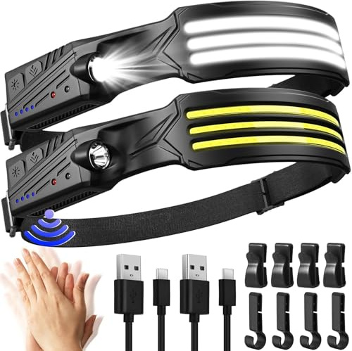Stirnlampe Led Wiederaufladbar,2 Stück 3000 Lumens Superhell 3*LED Weiß Licht 230°Weitwinkel Sensor Kopflampe,IPX5 Wasserdicht 0.14lb Leichtgewichtig Stirnlampen für Camping,Joggen,Wandern,Angeln