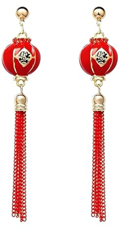 Boucles d'oreilles pendantes traditionnelles chinoises – Pompon en émail rouge avec tiges en argent sterling, bijoux culturels festifs hypoallergéniques pour femmes, anniversaire de mariage et Nouvel