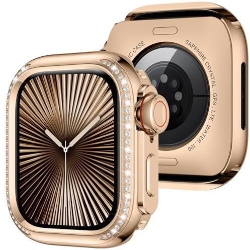 Amizee 2 in 1 Metall Bling Hülle Kompatibel für Apple Watch Series 11/10 46mm für Frauen, Glitzer Diamant Schützend Metall Stoßstange Beschützer für iWatch 46mm, Roségold/Weiß