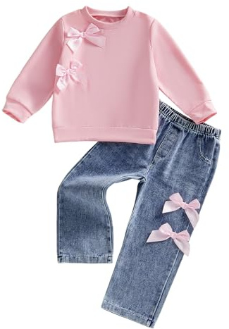 Yigubigu Kids Toddler Girls Clothes Spring Fall Outfit Long Sleeve Bow Decorated Sweatshirt Jumper Elastic Waist Jeans Straight Pants Set