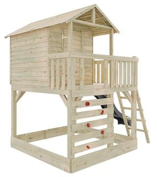 Stelzenhaus Noah Grau 201x216 cm Stelzenhaus mit Rutsche, Kletterwand und Sandkasten, Kesseldruckimprägniertes Kiefernholz, Überdachte Veranda, Inklusive Wellenrutsche und Leiter, 0 x 0 x 0 cm