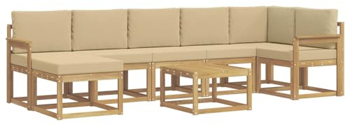vidaXL Outdoor-Sofagarnitur mit Kissen 8 pcs Weiß und Beige Polyester, Modernes Garten-Sofa-Set, Flexible Sitzgelegenheiten, Akazienholz, Lounge für Poolbereich, schnell zusammengebaut