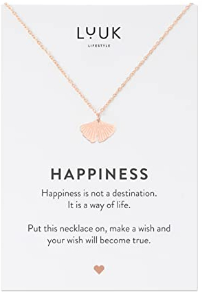 LUUK LIFESTYLE Collana in filigrana con design raffinato con ciondolo ginkgo|foglia e dedica HAPPINESS, acciaio inossidabile, idea regalo alla moda per donna e ragazza, rosa