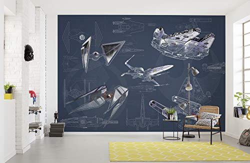 Komar Star Wars Blueprint Dark | Größe: 400 x 280 cm (Breite x Höhe), Bahnbreite 50 cm | Tapete, Wandbild, Dekoration, Wandbelag, Kinderzimmer, | DX8-077 Vlies Fototapete, blau, grau