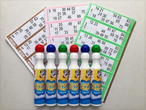 Funx Bingo Dabbers 6 Large 40ml with 3 books of bingo cards each containing 18 games (2 each of Red, Green, Blue - non leak design)