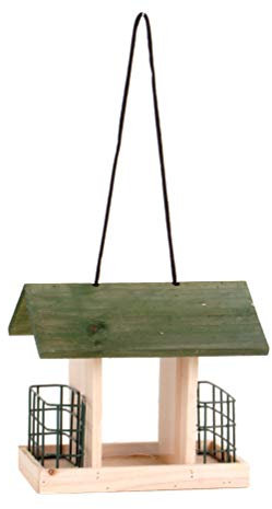 Spetebo Holz Vogel Futterhaus 24 cm zum Hinstellen oder Aufhängen - Großes Streufutterfach und 2 Körbe - Futterstation Vogelhäuschen Futterstelle Futterspender