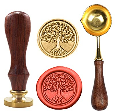 Sweieoni Siegelstempel Vintage Retro Siegelstempel Baum des Lebens Stempel Wachs-Siegel-Stempel mit Siegelwachs Löffel zum Verschönern von Umschlägen, Partyeinladungen, Geschenkverpackungen
