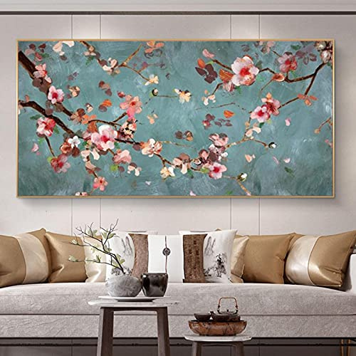Yinaa Dipinti tradizionali su tela con fiori di pesco sulla parete Quadri artistici Stampe floreali Decorazioni per soggiorno Stampe con cornice 30x60cmx1pcs Cornice interna