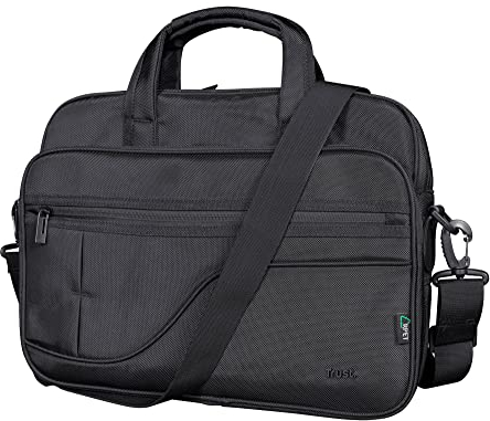 Trust Sydney Laptoptasche aus Recyclingmaterial bis 16 Zoll, mit Schultergurt und Taschen zur Aufbewahrung, Nachhaltige Schultertasche für Reisen, Business, Büro, Schule - Schwarz