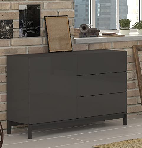 Dmora - Buffet Sebastiano, Buffet de cuisine avec 1 porte et 3 tiroirs, Buffet de salon, 100% Made in Italy, 110x40h47 cm, Anthracite Brillant