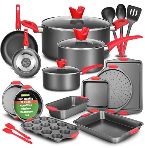 NutriChef 21-Piece Nonstick Cookware Set, Black, Irregular Shape, Includes Saucepans, Dutch Oven, Frying Pans, Baking Pans, and More