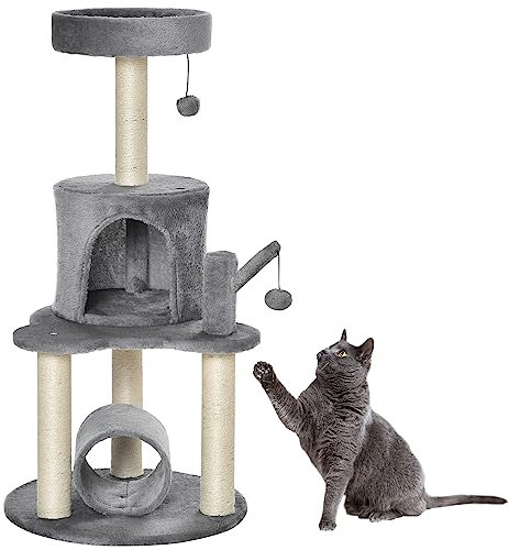 PawHut Cat Tree Tower for Indoor Cats Climbing Activity Center Kitten Furniture with Jute Scratching Post Bed Tunnel Perch Hanging Balls Grey