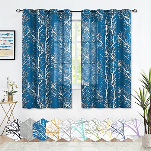 FMFUNCTEX Blau Silber Voile Vorhänge Transparente Metallic Zweige Muster Gardinen für Wohnzimmer Leinenoptik Vorhang Halbtransparente Modern Ösenschals für Schlafzimmer 2er Set, 175 x 127 cm (H x B)