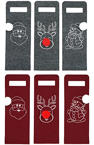 6 Stück Flaschentasche aus Filz H 41 cm - Geschenktüten für Wein - Weintaschen - Flaschentüten aus Filz (6er Set Weihnachten - Rot/Grau)