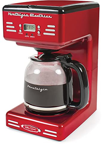 Nostalgia Cafetera programable de 12 tazas con pantalla LED, apagado automático y mantiene el calor, función de pausa y servir, incluye filtro reutilizable, rojo retro
