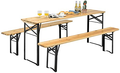COSTWAY Ensemble Table Pliante et Bancs de Pique-Nique 180CM en Bois | Set de Table et Chaises de Camping avec Tubes d'Acier Pulvérisé Résistant aux Intempéries pour Terrasse Jardin