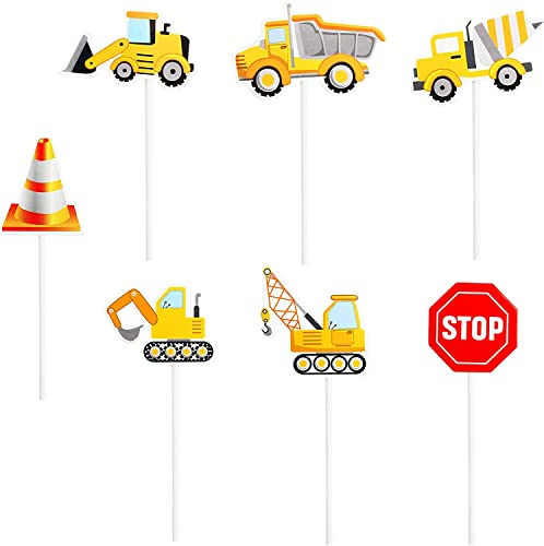 28 Stück Baufahrzeug Cupcake Topper Kipplaster Bagger Traktor Party Tortenaufsätze für Kinder Geburtstag Baby Shower Party Dekorationen Zubehör