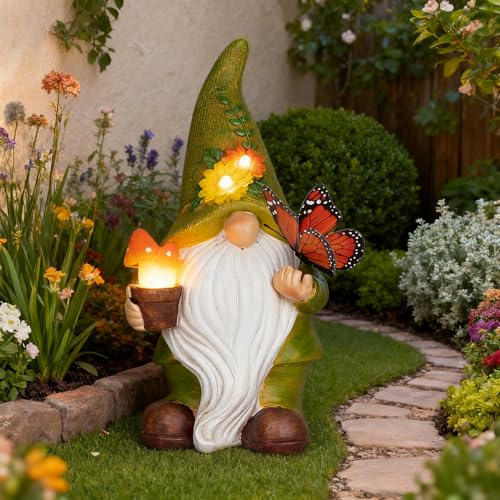 Foreby Garden Gnomes Outdoor Garden Decor-Solar Gnome with LED Lighted Mushroom and Vivid Butterfly Gnomes Decorations for Yard Decor,Gardening Gifts for Women