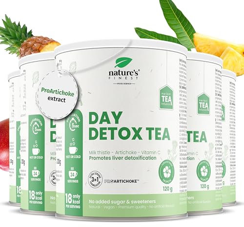 Nature’s Finest Day Detox Tee - Mit Mariendistel, Artischocke & Vitamin C - Stoffwechsel & Leberunterstützung - Reinigungstee zur Entgiftung & Gewichtsregulation - Pulver, 600 g