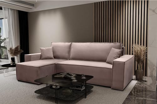 Kaiser Möbel, Ecksofa mit schlaffunktion, mit Bettkasten, Schlafsofa Atos, Designer Sofa, Modern Design Couch, Polsterecke, Freistehend, Polsterung Samt, Rosa Links