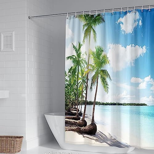 Bella tenda da doccia con albero, tenda da doccia verde, blu, bianco, poliestere, spiaggia, palma, 183 x 203 cm