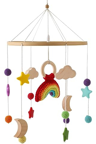 Baby Mobile aus Filz, Babybett Mobile Baby Windspiel, Baby Bettglocke mit Stern-Regenbogen-Rakete Hängende, Babyzimmer Deko für Mädchen & Jungen, Rassel Spielzeug (Regenbogen)