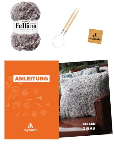 myboshi Strickset Kissen Zuimu, Strickset für Anfänger, inkl. Fellino Fellgarn, Rundstricknadel, Anleitung und Label, 100% Polyester, Grau mit Rundstricknadel