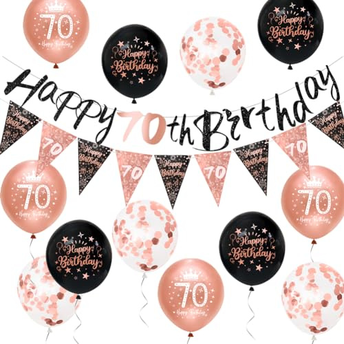 Women 70th Birthday Decorations Black Rose Gold 70th Birthday Party Decorations Women Banner Bunting Kit by Sheinly