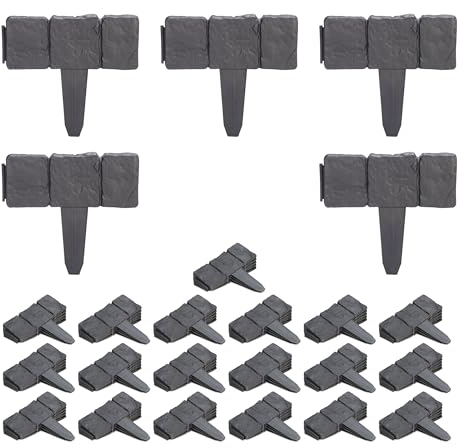 20 x Beetzaun, Beetumrandung, Steinoptik, HxB: 10x25 cm, Rasenkante zum Stecken, Kunststoff, Beeteinfassung, anthrazit