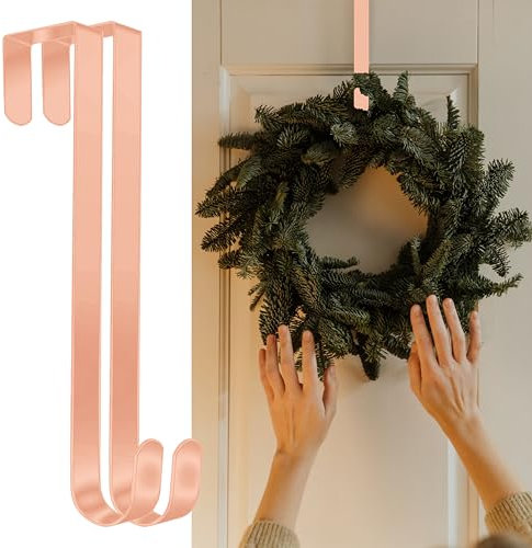 Pack of 2 Wreath Hanger for Front Door, 12 Wreath Door Hanger for Hanging Clothes, Bags - Wreath Hook Perfect for Halloween Wreath, Wedding & Christmas Decorations Over Door Hanger (Rose Gold)