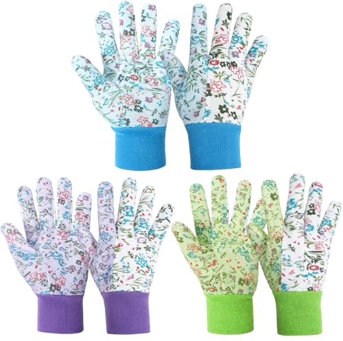 Ainiv Handschuhe für Garten, 3er Set Gartenhandschuhe, Antirutschbeschichtung Arbeitshandschuhe, Einheitsgröße Schutzhandschuhe mit PVC-Punkten und Reißfester Canvas-Stulpe Zum Pflanz Gartenarbeit