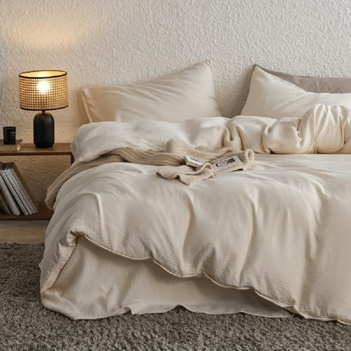 Sedefen Doppelte Musselin Bettwäsche 135x200 Baumwolle,Creme Bettwäsche Sets Beige ÖKO-TEX Bettwäsche mit Reißverschluss,Bettbezug mit 1 Kissenbezüge 80x80 cm