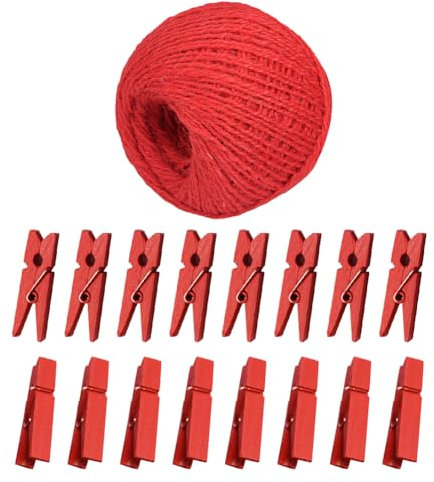 Lot de 100 petites pinces à linge en bois de 25 m pour loisirs créatifs, mini pinces à photo, pinces à linge en bois, pinces décoratives pour fête prénatale, rouge