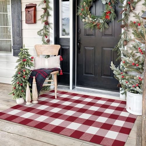 KOZYFLY Buffalo Plaid Teppich, 90 x 152 cm, rot und weiß kariert, für Weihnachten, Halloween, Herbst, Fußmatte, gewebte Baumwolle, waschbar, für den Eingangsbereich der Veranda, Eingangsbereich