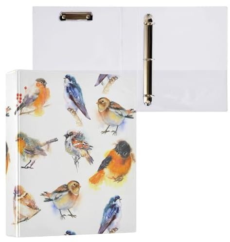 Ordner mit 3 Ringen, Motiv: Vögel, Rotkehlchen, Schwalbe, Spatz, Gimpel, 3,8 cm, mit Klemmbrett-Taschen für Schule, 3-Loch-Bürobuch, 1 Stück