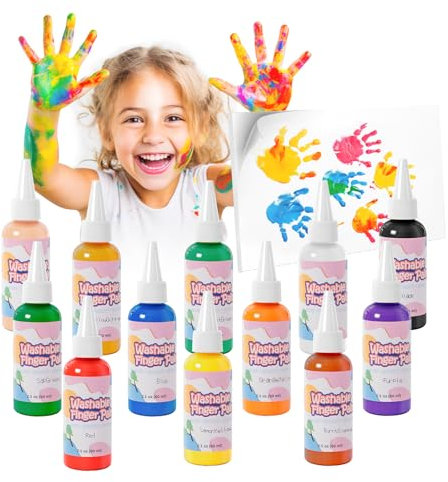 Homcosan Washable Finger Paint 12 Colors Set Large Capacity (2.1fl oz) Non Toxic Finger Paints Art Painting Supplies for Hand Painting DIY Crafts Gifts