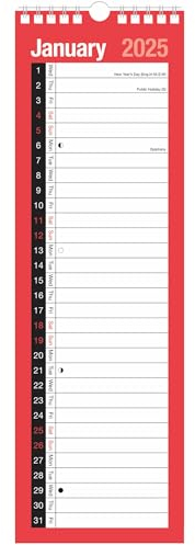 Schmaler Kalender 2026 UK – Monatsansicht, Wandplaner mit 1 Spalten-Layout, Spiralbindung, Hängeorganizer – Slimline-Kalender 33 cm x 10,5 cm – ideal für Heimbüro und Arbeit