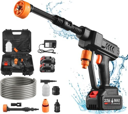 Idropulitrice a Batteria, Idropulitrice Portatile a Batteria con 6 in 1 Ugello, 21V 600w 60 Bar Idropulitrice Senza Fili con 2 Batteria