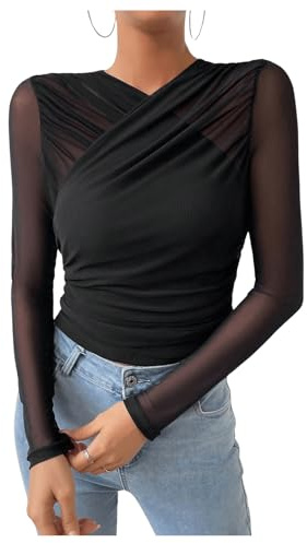 GORGLITTER Damen Mesh Oberteil Langarm T-Shirt Wrap Tops Mesh Ärmel Langarmshirt mit Wickel Design Schwarz M