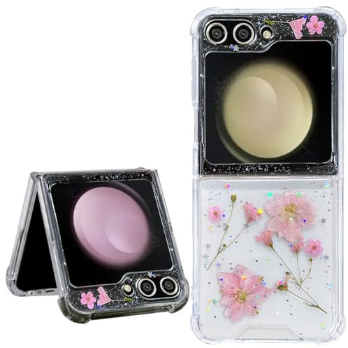 Abbery Custodia protettiva per Samsung Galaxy Z Flip 5/Z Flip 6/Z Flip 7 FE con veri fiori secchi, antiurto, antigraffio, per donne e ragazze (Bling Rosa)